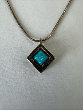 Sterling Silver Blue Opal Square Pendant Necklace